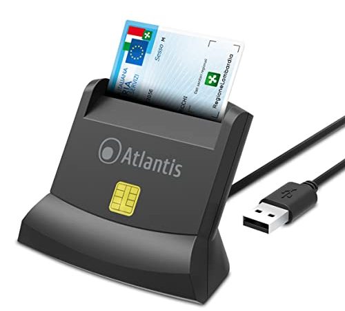 ATLANTIS lettore smart card P005-SMARTCRV-U, tessera sanitaria, lettore smart card cns carta nazionale dei servizi, attivazione spid e firma digitale, per pc e notebook, porta usb, Nero