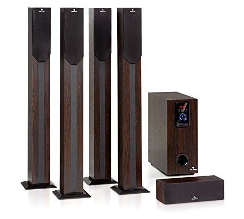 Auna Areal Elegance - Home Theater 5.1, Impianto Surround a 5.1 Canali, Home Cinema, Potenza: 190 Watt RMS, Subwoofer: 5", 5 Altoparlanti Satellite (3"+5"), Bluetooth, USB/SD, Effetto Legno Scuro