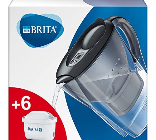 BRITA Caraffa Filtrante Marella per acqua, Grafite (2.4l) - Pacchetto semestrale incl. 6 Filtri MAXTRA+ per la riduzione di cloro, calcare e impurità