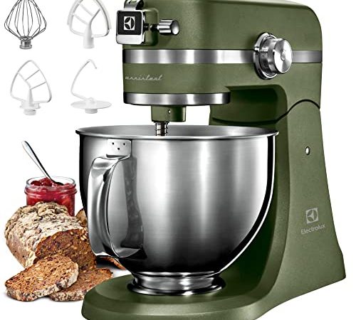 Electrolux EKM5550 Impastatrice Planetaria in Acciaio Inox, Motore 1200W e 10 Velocità, con Frusta e Coperchio, 360x370x210mm, Verde