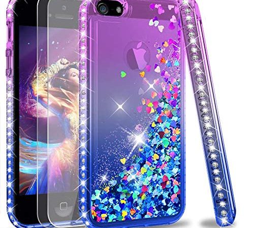 LeYi Custodia iPhone 5S / iPhone SE/iPhone 5 / iPhone SE 2 Glitter Cover con Vetro Temperato [2 Pack],Brillantini Diamond Liquido Sabbie Mobili Bumper Case Custodie Donna ZX Purple Blue Gradient