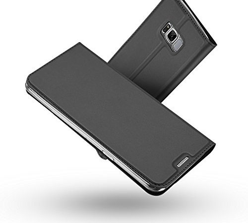 Radoo Cover Galaxy S8, Slim-Fit Folio Premium Custodia Vintage PU Pelle con [Kickstand] Tasca Stile Unico Sottile Funzione TPU Antiurto Flip Cover a Libro per Samsung S8(Grigio Nero)