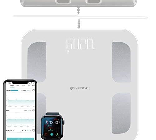 Silvergear® Bilancia Pesapersone PRO | Bilancia Impedenziometrica Bluetooth con APP | Bilancia Digitale Professionale con Grasso Corporeo, Massa Muscolare, BMI, Peso Osseo, BMR e frequenza Cardiaca