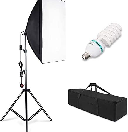 Softbox,Professionale Kit di Illuminazione per Fotografia 50x70 cm,Lampadine a Risparmio Energetico 85W CFL 5500K,per Illuminazione dal Vivo, Studio Fotografico e Video.