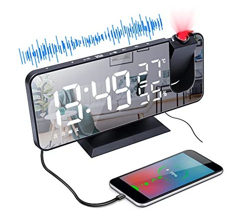 Sveglia con Proiettore,7,3 Pollici Sveglia da Comodino Digitale con Proiettore con Rotazione di 180 °Radio FM Snooze Umidità Temperatura Interna,Porta di Ricarica USB Sveglie 4 Livelli di Luminosità