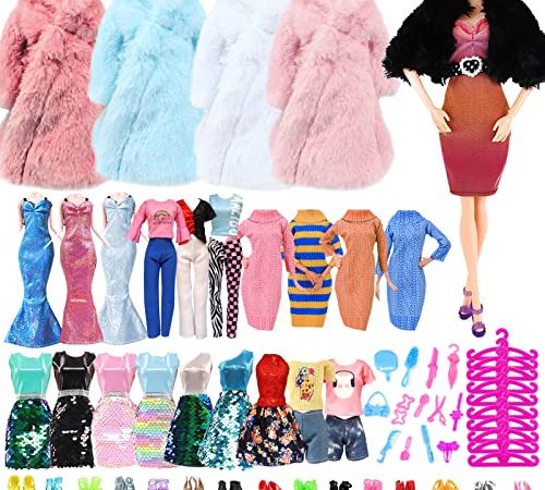 68 Pezzi Vestiti per Bambole e Accessori per Bambola Barbie, 7 Vestiti+2 Cappotti+1 Abito Maglione+5 Top+5 Pantaloni+10 Scarpe+ 10 Grucce+18 Accessori Regalo per Bambola da 11,5 Pollici