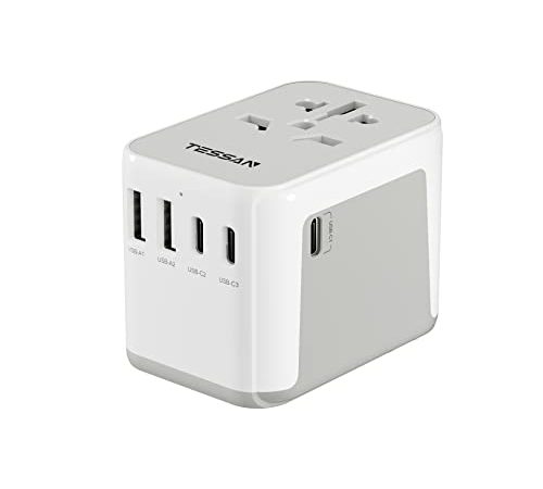 Adattatore Universale da Viaggio, TESSAN Presa Universale da Viaggio con 2USB e 3USB C, Adattatore da Viaggio con 10A Fusibile, Adattatore Universale per Italia Inghilterra Germania America Australia