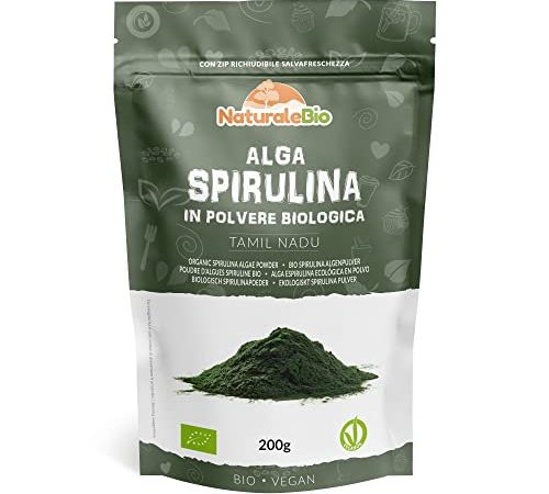 Alga Spirulina Biologica in Polvere 200g. Bio, Naturale e Pura, Coltivata in India, nella provincia di Tamil Nadu. Ideale in bevande, frullati o per Ricette. Adatta a Vegetariani e Vegani.