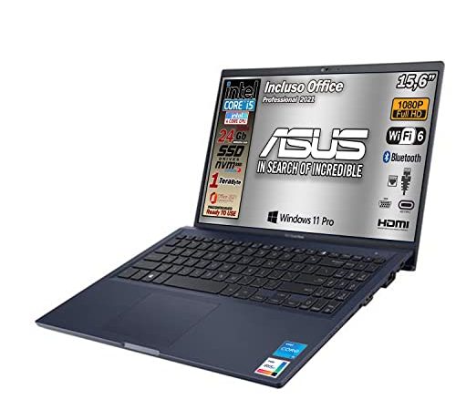 ASUS Notebook, Ram 24 Gb, SSD Pci Nvme da 1Tera, Cpu Intel i5 di 11th 4 Core, 15,6 Full HD, Cover Alluminio, wi-fi 6, 4 Usb, Bt, Intel Iris xE, Win 11 Pro, Office Pro, Pronto All'uso Gar. Italia