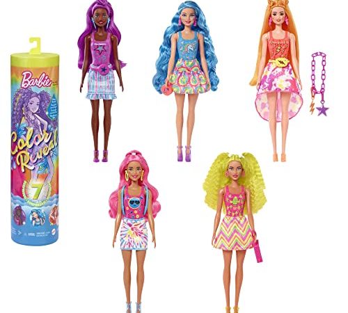 Barbie - Color Reveal con 7 sorprese, Serie Fluo Tie-Dye con stampa Tie-Dye ed effetto cambia colore, Giocattolo e regalo per Bambini 3+ Anni, HCC67