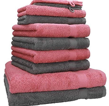 Betz Set di 10 Asciugamani Premium 2 Asciugamani da Doccia 4 Asciugamani 2 Asciugamani per Ospiti 2 Guanti da Bagno 100% Cotone Colore Rosa Antico e Grigio Antracite