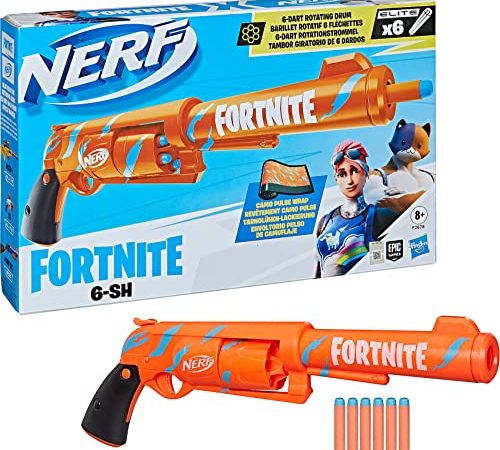 Blaster Nerf Fortnite 6-Sh - Colorazione Camo Pulse, Caricamento con percussore, Caricatore a Tamburo da 6 dardi, Include 6 dardi Nerf Elite