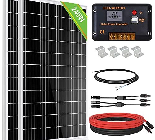 ECO-WORTHY - Kit Pannello Solare da 240 Watt. Sistema Indipendente Dalla Rete: 2 Pannelli Solari Monocristallini da 120 W con Regolatore di Carica LCD da 30 A + 2 Cavo Solare 5M, per Casa, Camper