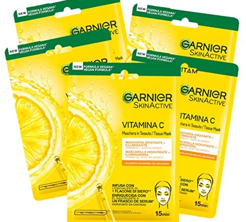 Garnier Maschera in Tessuto Skin Active Hydra Bomb, Idratante e Illuminante, Con Vitamina C e Acido Ialuronico, Per Pelli Spente e Non Uniformi, Confezione da 5