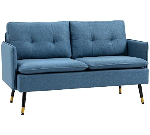 homcom Divano 2 Posti in Tessuto con Cuscini Imbottiti, Divanetto Moderno con Gambe in Acciaio 139x68x80cm, Blu Scuro