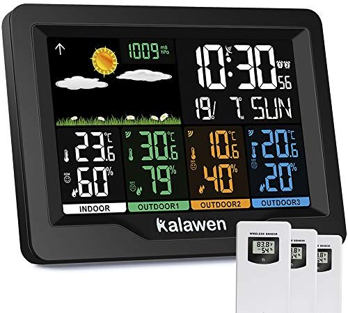 Kalawen Stazione Meteo Meterologica Digitale con 3 Sensore Esterno Wireless Automatica con Schermo LCD Display Sveglia Tempo Data Temperatura Umidità Previsioni Meteo