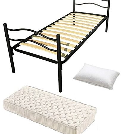 Letto Singolo in ferro 80x190 con Rete a Doghe completo di Materasso e Guanciale