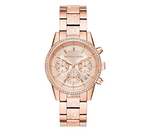 Michael Kors RITZ Orologio da Donna, Misura Cassa 37 mm, Movimento Cronografo al Quarzo, Cinturino in Acciaio Inossidabile, Oro Rosa