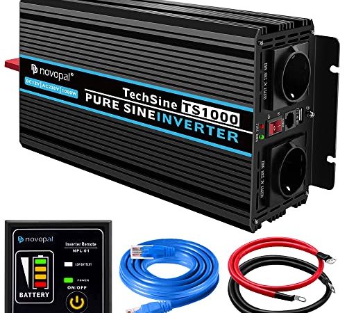 NOVOPAL 1000W Onda Sinusoidale Pura Power Inverter DC 12v in AC 220v -2 EU Presa con Uscita USB, telecomando da 5 metri e due ventole di raffreddament