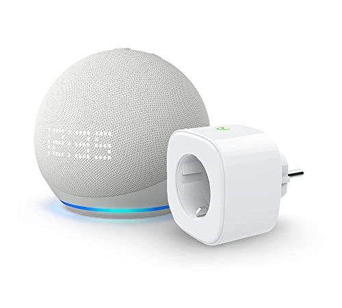 Nuovo Echo Dot (5ª generazione, modello 2022) con orologio, Bianco ghiaccio + Meross Smart Plug (presa intelligente con connettività Wi-Fi), compatibile con Alexa - Kit di base per Casa Intelligente