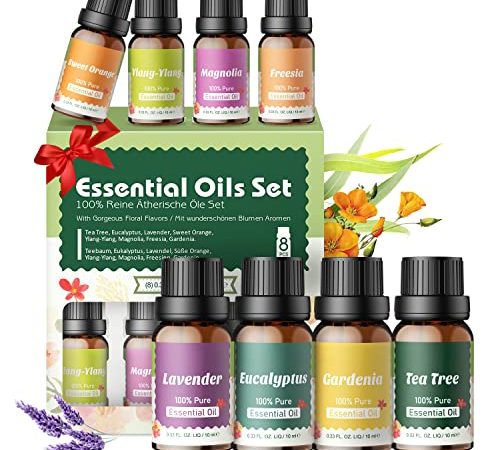 Oli Essenziali per Diffusori Olio Essenziale - 8×10ML Oli Essenziali Puri 100% Essenze per Diffusori Aromaterapia di Lavanda, Eucalipto, Tea Tree, Arancia Dolce ecc - per SPA e Massaggio