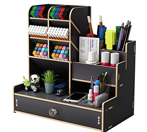 通用 Organizer Scrivania in legno, grande capacità porta penne per scrivania,Portapenne da scrivania,Porta Penne per ufficio con cassetto organizer,per ufficio,casa e forniture scolastiche. (Nero)