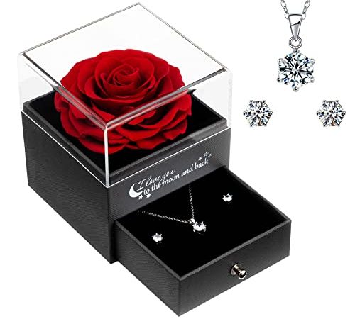 Rosa San Valentino Rose Stabilizzate Vera idee Regalo per Lei-Regalo per Fidanzate Rosa Eterna con Collana Orecchini Compleanno festa della mamma Anniversario Regalo per Donna Mamma