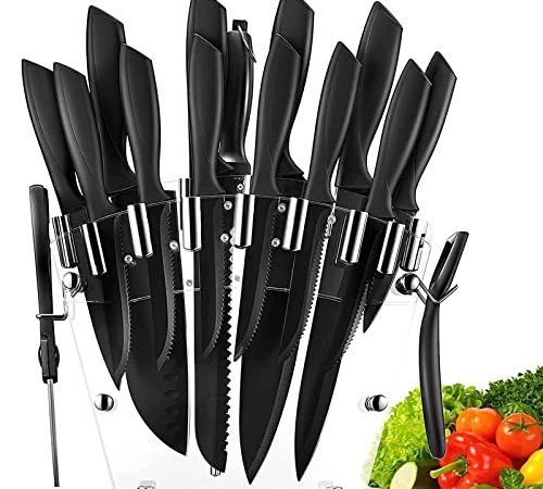 Set Coltelli, Coltelli da Cucina 16 Pezzi in Nero BO Oxide Acciaio Inossidabile - Niente Ruggine, Antigraffio & Anticorrosivo, Ceppo Coltelli con Blocco in Acrilico, Coltelli Cucina