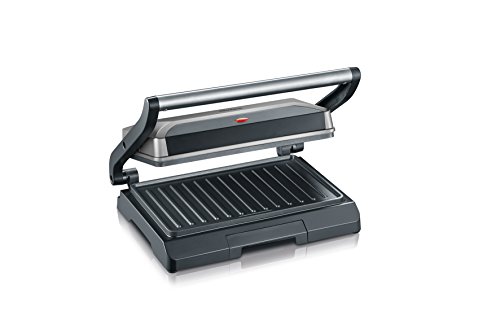 Severin Kg 2394 Bistecchiera Elettrica 800W per Sandwich con Piastre Antiaderenti, Piastra Tostapane Distribuzione Uniforme Del Calore, Bistecchiera Antiaderente con Vassoio, Argento