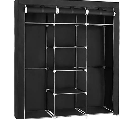 SONGMICS Armadio in Tessuto, Guardaroba Pieghevole con Barra di Sospensione, Appendiabiti, Scaffale per Borse, Giocattoli, Scarpe, Soggiorno, Camera da Letto, 150 x 45 x 175 cm, Nero RYG12B