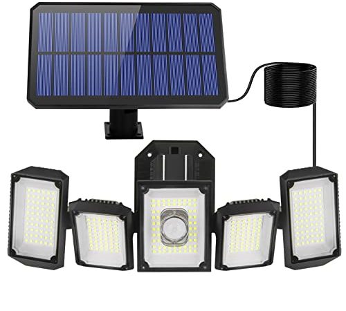 TENDOVO Luce Solare Esterno con Sensore di Movimento: Lampade Solari con 5 Teste di Illuminazione Impermeabile Faretti Solari a Led da Esterno - Luci da Parete Interno con Telecomando & Cavo 5m