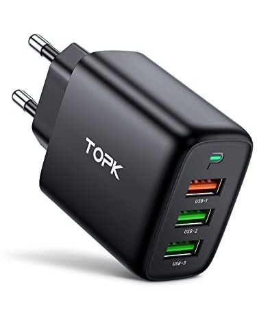 TOPK Caricatore USB, Caricabatterie USB Muro Multiplo Carica Rapida, Somma Delle 3 Porte da 30W(12W+18W) QC 3.0 Alimentatore USB