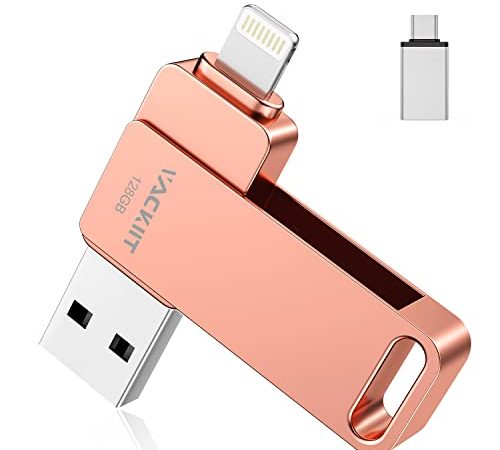 Vackiit MFi Certified Chiavetta USB 128 GB per iPhone,Lightning Pen drive USB 3.0 Esterna per Chiavetta USB C di Memoria di Backup 3 in 1 USB Type C Lightning penna usb iPhone,iPad,Android,Mac,PC