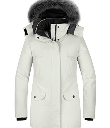 Wantdo Cappotto Foderato Imbottito Parka da Esterno Spessa a Vento con Pelliccia Giubbotto Lavoro Invernale Giacca Media Lugghezza Casual Donna Bianco XL