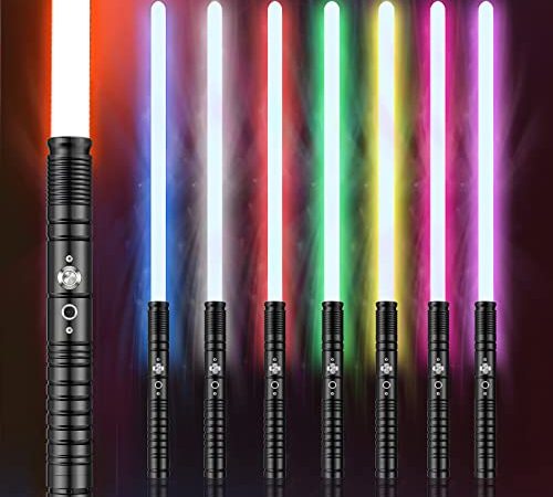 Wisbecost Spada Laser, LED-RGB 7 Colori Lightsaber con Manico in Metallo, 1 Set Soundfont Simulati di Combattimenti, Regalo di Natale丨Cosplay Jedi Knight丨Ricarica USB(77 cm Darth-Nero)