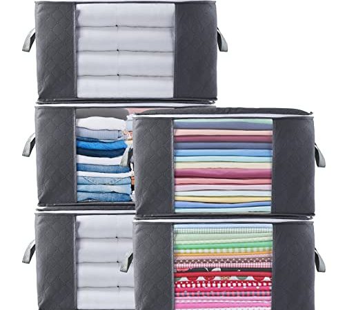 Withosent 90L Scatole per Armadio 5PCS, Organizzatore Armadio Scatole per Vestiti Con Manico Rinforzato, Scatole Porta Vestiti Pieghevole Traspirante per Trapunte, Coperte, Biancheria da Letto, Grigio