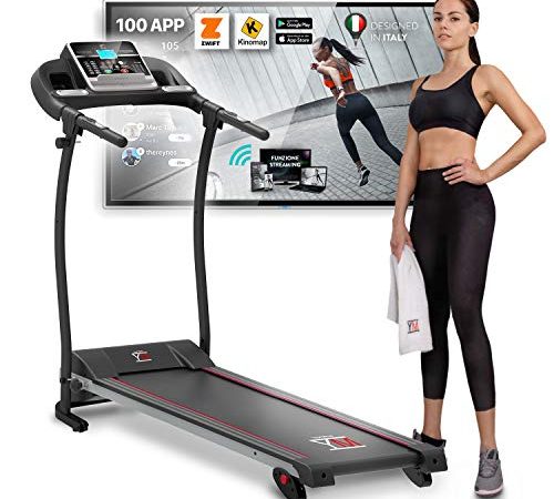 YM TAP100APP Tapis Roulant Elettrico Pieghevole, Marchio di qualità Italiano, 11 km/h App KINOMAP & ZWIFT Video/Coach, Sensore Cardio Inclinazione Regolabile, 12 Programmi, 750W (1800W - 2,5HP Picco)