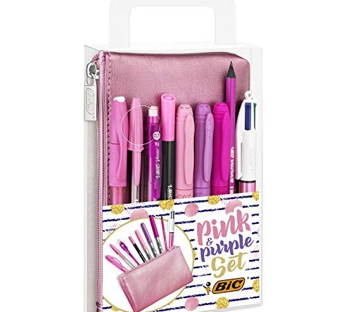 Bic Pink&Purple, Set Con Astuccio, 2 Penne A Sfera, 1 Penna Gel Cancellabile, 1 Pennarello Punta Fine, 2 Matite Grafite, 3 Pennarelli Indelebili, Kit Scrittura, Idea Regalo, 10 Unità, Multicolore