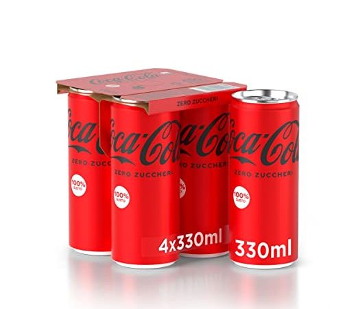 Coca-Cola Zero Zuccheri – 4 Lattine da 330 ml, Tutto il Gusto della Formula Coca-Cola Senza Calorie, Lattina 100% riciclabile, Bevanda Analcolica con Edulcoranti