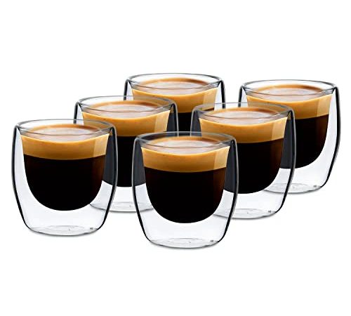 GLASWERK - Tazzine di design da espresso (6 x 80 ml), tazzine da espresso in vetro borosilicato a doppia parete, set di tazzine in vetro lavabili in lavastoviglie