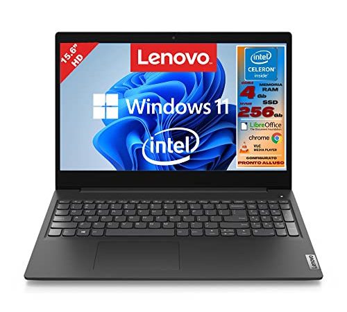 Lenovo, Pc portatile notebook, Display HD da 15,6", cpu Intel N4020, ram 4Gb, ssd m2 256Gb, windows 10 pro, computer portatile pronto all'uso