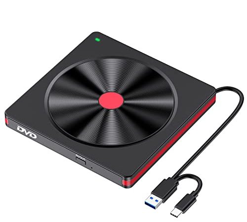 Lettore CD DVD Esterno per PC Portatile, Slim Masterizzatore DVD CD Externo,Unità DVD Esterna USB 3.0&Type C CD/DVD ROM Lettore/Drive per Windows 11/10/XP/8/7,Vista/Linux/MacOS,Laptop,Desktop,Macbook