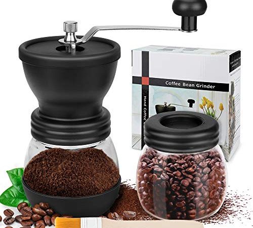 Macinacaffè Manuale, Macinino Caffe con Barattoli di Vetro e Pennello, Macina Caffé Regolabile Grinder in Ceramica Burr per Chicchi di caffè o Spezie/Famiglia Delicate/Viaggi/Campeggio