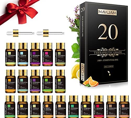 MAYJAM Set di Oli Essenziali 20 Pezzi, 100% Puro Gelsomino Lavanda Eucalipto Vaniglia Mastice Menta Legno di sandalo Ylang Rosa Bergamotto Tea Tree Cannella Geranio Patchouli Citronella e Altro