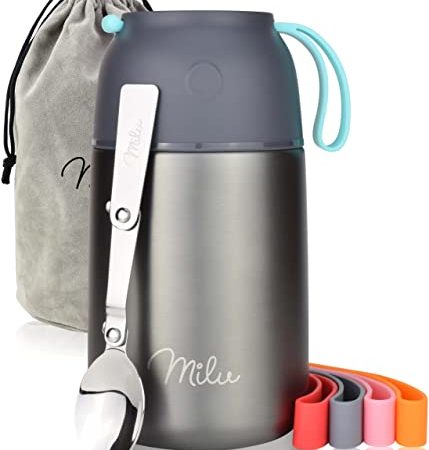 Milu Thermos per Alimenti I 450ml / 650ml / 800ml I Contenitore Termico di Acciaio Inossidabile, Isotermico Sottovuoto per Cibi Caldi e Freddi (Grigio, 650ml)