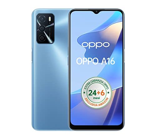 OPPO A16, Tripla Fotocamera I.A. 13+2+2MP, Display 6.52” 60HZ, Batteria 5000mAh, Ricarica rapida 10W, RAM 3GB + ROM 32GB Espandibile, cavo dati OPPO Tipo-C, Versione Italiana, Pearl Blue