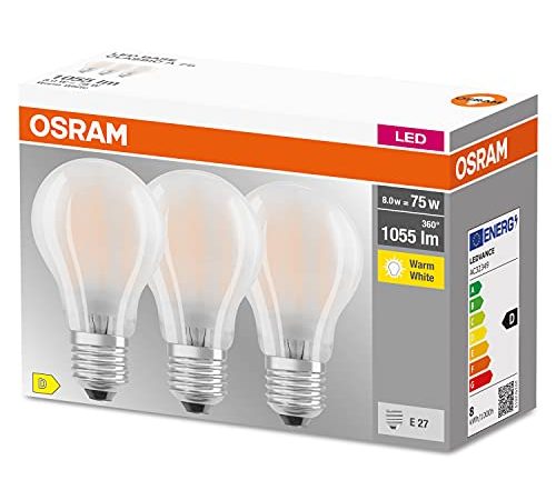 OSRAM LED BASE Classic A75, lampade LED a filamento smerigliato in vetro per base E27, forma di lampadina, bianco caldo (2700K), 1055 lumen, sostituisce le lampadine tradizionali 75W, scatola da 3