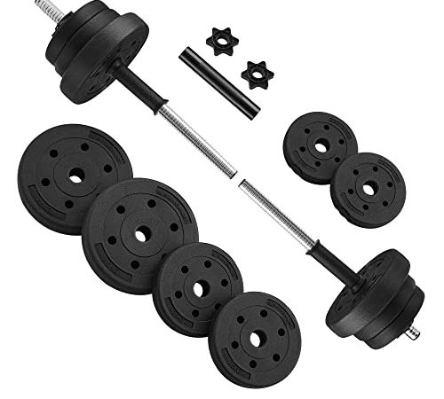 SONGMICS Set di Manubri 2 in 1, 2 Manubri Regolabili 2 x 10 kg, con Barra Bilanciere Extra in Acciaio, Rivestimento di Plastica, Allenamento Esercizio Fitness, Palestra a Casa, Nero SYL20HBK