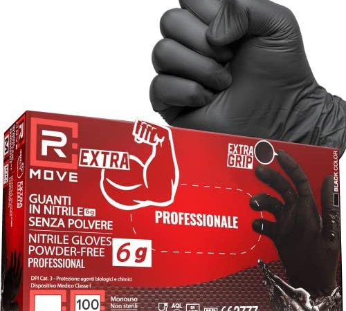 100 guanti in Nitrile NERI 6 grammi EXTRA RESISTENTI, 60% di SPESSORE in più al dito rispetto al 3,5 gr, NO polvere, NO lattice, per Meccanici, Tatuatori, Estetisti, Ristorazione, Guanti monouso (M)