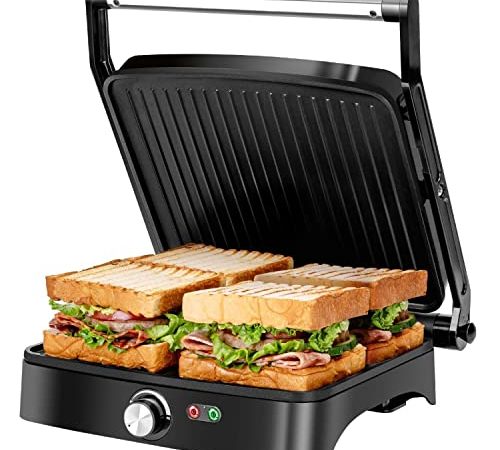 Aigostar Calore - Griglia Elettrica/Sandwich Maker/Panini Maker 3 in 1, Piastre Antiaderenti, 1800 W, Bistecchiera Elettrica con Regolatore di Temperatura, Apertura a 180°, Vassoio Raccogligocce